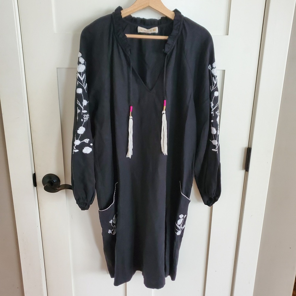 Dolan Ivanhoe Tunic Dress Black Floral Embroidered Tassel Boho Shift XL Linen